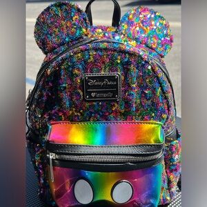 Disney Parks Loungefly Sequin Mickey Mouse Ears Rainbow Pride Mini Backpack